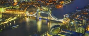 Aerial overview of London city with the Tower bridge at the night time