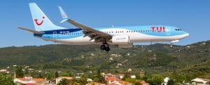 TUI Boeing 737 800 airplane Skiathos airport in Greece